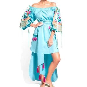 Yuliya Magdych Linen Embroidered Cherry Caftan Dress Large Blue Designer Boho